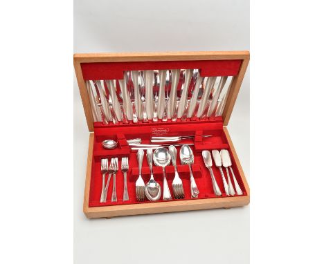 LIGHT OAK 'TARNPRUFE' CANTEEN, with contents of cutlery such as eight table knives, side knives and forks, eight tablespoons,