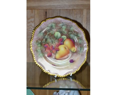 A ROYAL WORCESTER FRUIT STUDY PLATE BY ALAN TELFORD, gilt silver shape and painted with pears and raspberries on a bank, pain