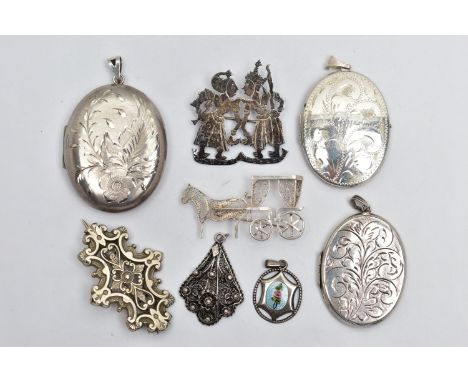 A BOX OF SILVER AND WHITE  METAL JEWELLERY, to include a small white metal guilloche enamel pendant, with painted roses to th