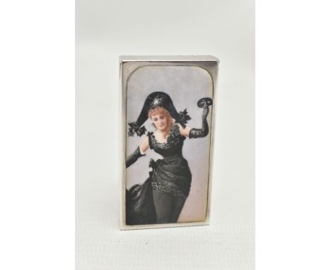 A VICTORIAN SAMPSON MORDAN &amp; CO SILVER AND ENAMEL VESTA CASE OF RECTANGULAR FORM, the plain case enamelled to the front w