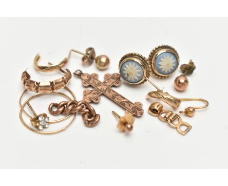 A SMALL BAG OF JEWELLERY, to include a rose gold cross pendant, hallmarked 9ct Birmingham, a pair of rose metal ball stud ear