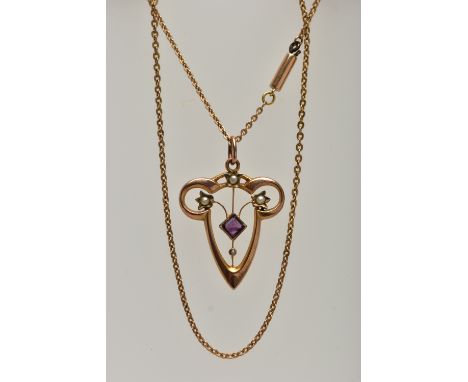 A GEM SET YELLOW METAL LAVALIER PENDANT NECKLACE, openwork pendant, set with a square cut amethyst and split pearl accents, s