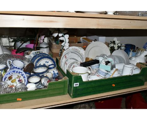 FIVE BOXES OF CERAMICS AND GLASS ETC, to include Thomas of Germany mugs and saucers, Booths Real Old Willow, Portmeirion chic