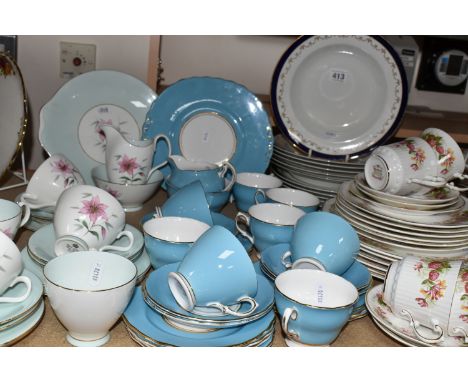 THREE ASSORTED TEA SETS AND THREE MID 20TH CENTURY GLASS LIGHT SHADES, comprising a Royal Albert 'Elfin' pattern tea set comp