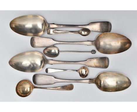 A PARCEL OF SEVEN 19TH AND 20TH CENTURY SILVER SPOONS AND A PAIR OF SUGAR TONGS, comprising a set of three William IV Fiddle 