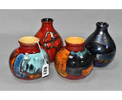 FOUR MODERN POOLE POTTERY VASES, two of globular form with abstract designs, height 10cm and two of squat baluster form, one 