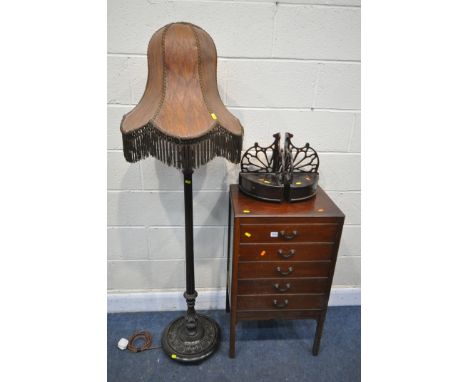 AN EDWARDIAN MAHOGANY FIVE DRAWER MUSIC CABINET, width 50cm x depth 37cm x height 89cm, a standard lamp with a shade, and two