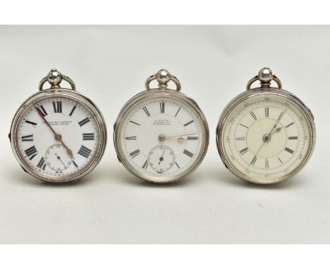 THREE SILVER OPEN FACE POCKET WATCHES, the first a key wound movement, white dial signed 'A.White Oldham St Manchester', Roma