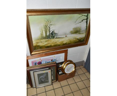 PAINTINGS AND PRINTS TO INCLUDE A LANDSCAPE SCENE OIL ON CANVAS, depicting a red tractor and a half-timbered building, indist