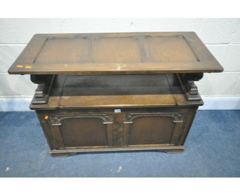 AN OAK MONKS BENCH, width 95cm x depth 42cm x height 73cm (condition:-surface scratches, mainly to lid)