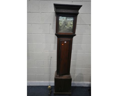 A GEORGIAN MAHOGANY 30 HOUR LONGCASE CLOCK, the hood enclosing a brass 10 inch dial, single arm, Roman numerals, signed Willi