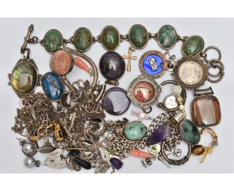 A BAG OF ASSORTED WHITE METAL JEWELLERY, to include a hardstone bracelet with toggle clasp stamped 925, a coral snake chain b