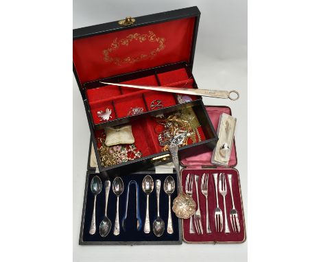 A BOX OF SILVER, COSTUME JEWELLERY AND OTHER ITEMS, to include a silver and gem set bracelet and pendant, hallmarked 'APB' Lo