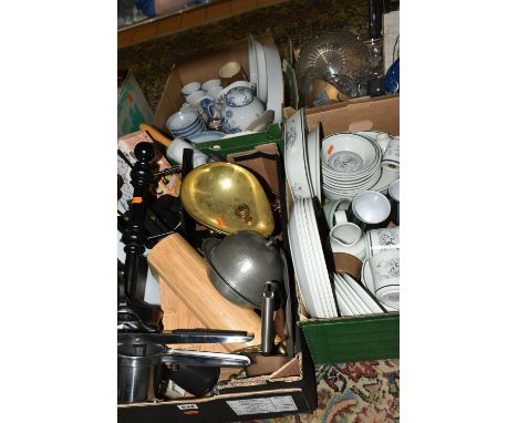 FOUR BOXES OF KITCHENWARE AND CERAMICS, to include a Royal Doulton Lambeth Ware 'Asian Dawn' pattern dinner set, six Denby' J