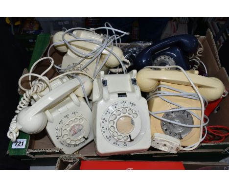 ONE BOX OF VINTAGE TELEPHONES, to include eight phones, a purple push button Trim phone made by 'Wild &amp; Wolf Ltd', a red 