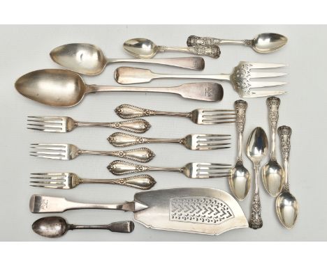 A PARCEL OF 19TH AND 20TH CENTURY SILVER, comprising a set of six Empire pattern dessert forks, maker George Aldwinckle, Lond