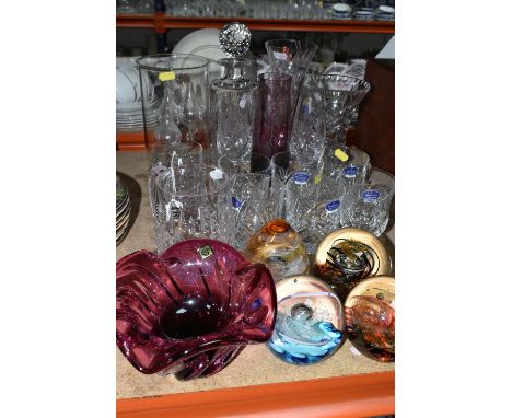 A COLLECTION OF CUT CRYSTAL, comprising a Stuart crystal tankard, an amethyst coloured Caithness vase engraved with fuchsias,