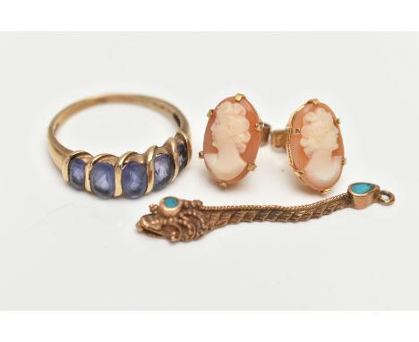 A 9CT GOLD RING, PAIR OF EARRINGS AND A PENDANT, the ring set with five oval cut pale purple stones, to a polished band, hall
