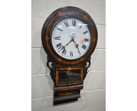 A LATE VICTORIAN WALNUT AND MARQUETRY INLAID DROP DIAL WALL CLOCK, with an enamel dial, with pendulum, height 86cm (condition