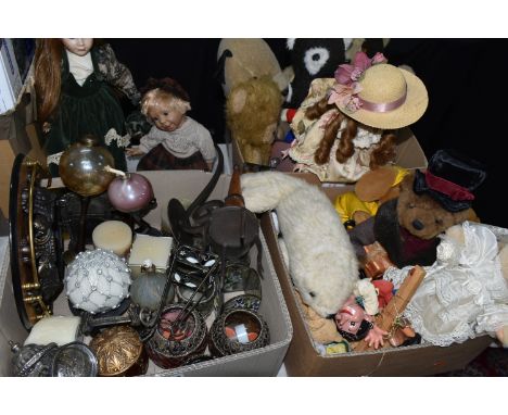 THREE BOXES OF VINTAGE SOFT TOYS DOLLS AND ORNAMENTS, to include pandas, black cat, seal, a Pelhams Pinocchio puppet (missing