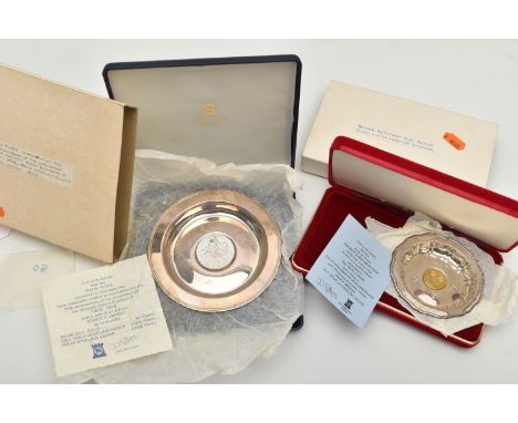TWO ELIZABETH II POBJOY MINT CASED SILVER LIMITED EDITION DISHES, comprising a silver gilt 'Sucrier Sweetmeat Dish' with Chri