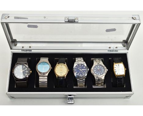 A WATCH DISPLAY BOX WITH WATCHES, six storage case with six gents wristwatches, to include three Sekonda quartz watches, a Pu