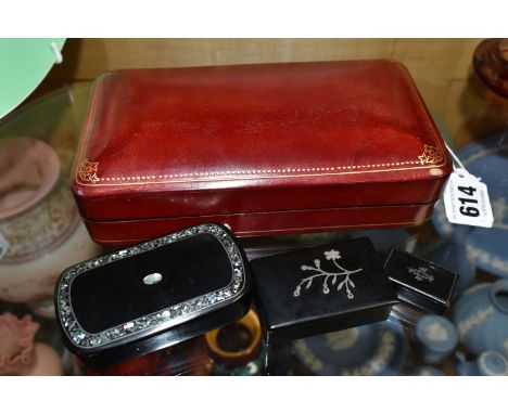 THREE 19TH CENTURY PAPIER MACHE SNUFF BOXES AND A MODERN ITALIAN TOOLED RED LEATHER COVERED JEWELLERY CASE, the three snuff b