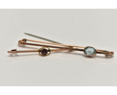 TWO GEM SET BAR BROOCHES, the first a rose gold bar set with an oval cut aquamarine in a collet setting, stamped 9ct, length 