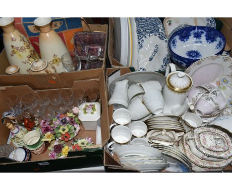 FOUR BOXES OF CERAMICS AND GLASSWARES, to include a fifteen piece Paragon Athena coffee set, a boxed mid twentieth century ch