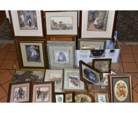 TWO BOXES AND LOOSE PICTURES AND PRINTS ETC, to include two unsigned watercolours depicting landscapes, Cash's woven pictures
