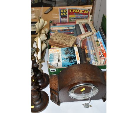 ONE BOX OF BOOKS AND SUNDRY ITEMS, to include an oak cased mantel clock, a pair of  oak turned candle sticks, a musical carve