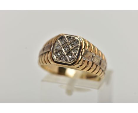 A 9CT GOLD DIAMOND SIGNET RING, of a square outline, set with nine single cut diamonds, estimated total diamond weight 0.09ct