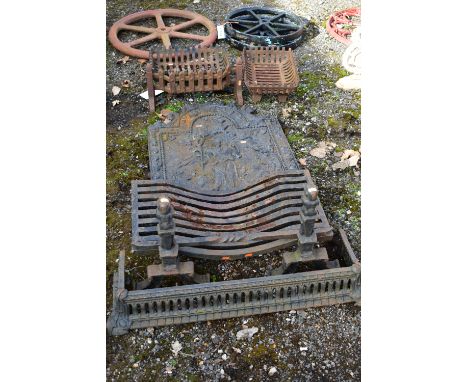 A CAST IRON FIRE PLACE, with grate, pair of andirons and fire back reading PAX and dated 1679, width 60cm x 72cm, along with 