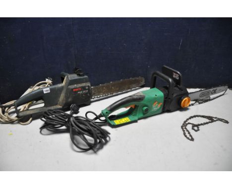 A BOSCH PKE30B ELECTRIC CHAINSAW along with a Gardenline GCS-2000S electric chainsaw with loose chainsaw blade and spare chai