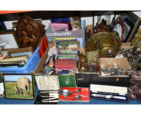 SIX BOXES OF ASSORTED SUNDRIES, to include a black shelving unit, framed photos and prints, cutlery, brass ornaments, a boxed