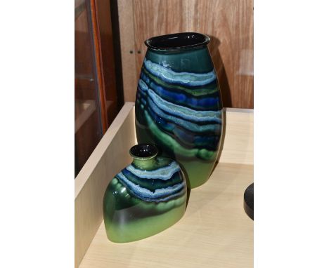 A POOLE POTTERY MAYA PATTERN MANHATTAN VASE, height 26cm together with a Maya pattern small oval Bottle vase, height 14cm, bo