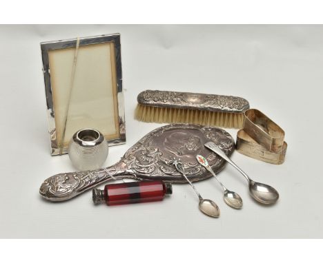 A PARCEL OF ASSORTED SILVER AND WHITE METAL, MOSTLY 20TH CENTURY, comprising a late Victorian double ended ruby glass scent b
