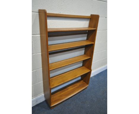 AN ERCOL LIGHT ELM WATERFALL OPEN BOOKCASE, with five shelves, two shelves adjustable, width 82cm x depth 23cm x height 133cm