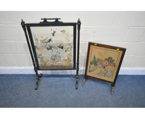 TAXIDERMY, AN EARLY 20TH EBONISED FRAME BIRD DIORAMA FIRESCREEN, width 67cm x height 100cm (condition:-distressed and ideal f