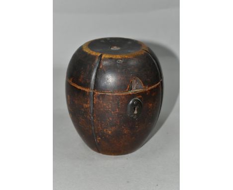 A GEORGE III STAINED FRUITWOOD MELON SHAPED TEA CADDY IN NEED OF RESTORATION, oval metal escutcheon, with hole to hinged cove