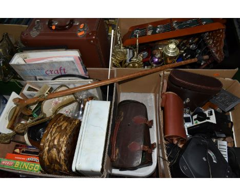 THREE BOXES AND LOOSE ASSORTED SUNDRIES, to include Telemax binoculars, a set of Thomas Taylor crown green bowls, trophies, a
