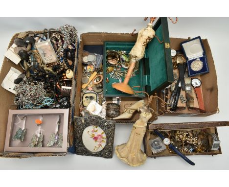 THREE BOXES OF ASSSORTED ITEMS, to include a small green jewellery box with contents of costume jewellery, beaded necklaces, 