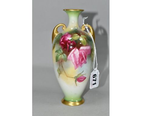 A ROYAL WORCESTER TWIN HANDLED VASE, shape no 287, painted with pink roses on a graduated green to white ground, height 17cm,