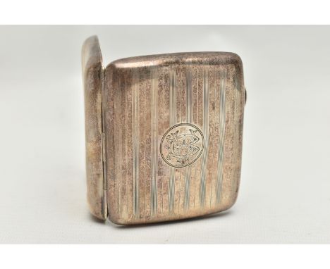 A GEORGE V SILVER CIGARETTE CASE, of  rounded rectangular form, engine turned design with an engraved monogram, push button c