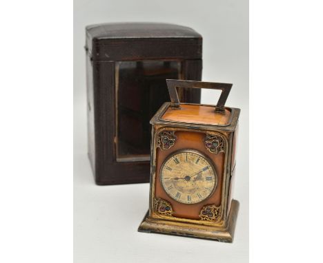 A LATE VICORIAN SILVER GILT, AMBER AND GEM SET CARRIAGE CLOCK WITH TRAVEL CASE IN CLARET MOROCCO, the rectangular clock with 