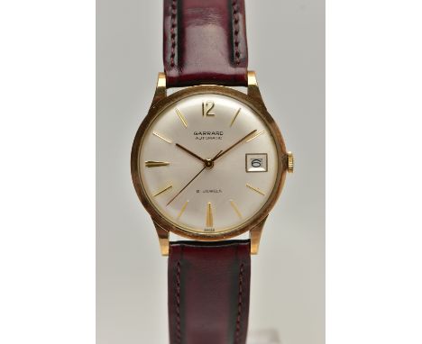 A GENTS 9CT GOLD 'GARRARD AUTOMATIC' WRISTWATCH, round silver dial signed 'Garrard, Automatic, 21 jewels', Arabic numeral twe