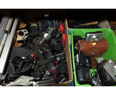 THREE BOXES OF VINTAGE CAMERAS, BINOCULARS AND EQUIPMENT, to include a Minolta XG-M, a Minolta XG-1 auto winder, a Zenit -E c