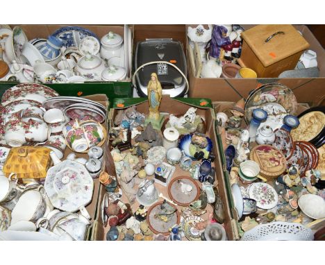 FIVE BOXES OF CERAMICS AND ORNAMENTS, to include a Lean Green Fat Grilling Machine, bird and bear ornaments, a Royal Stafford