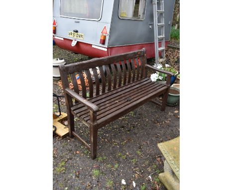A PAINTED WEATHERED TEAK GARDEN BENCH, length 150cm