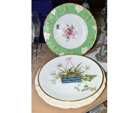 A GROUP OF FOUR PLATES, comprising a Royal Crown Derby 'Vine' pattern cabinet plate, an AB Daniell cabinet plate painted with